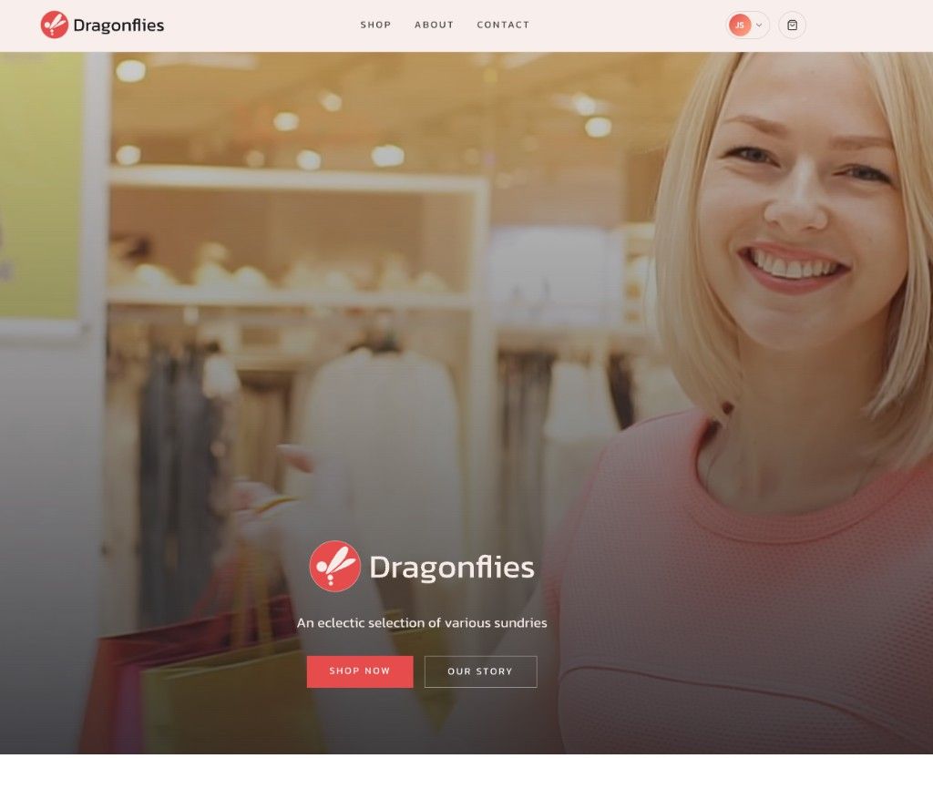 Dragonflies.biz homepage hero with navigation, logo, tagline, and shop CTAs