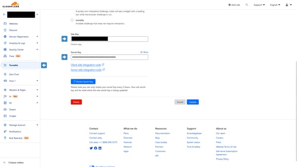 Getting your Turnstile site key and secret keys