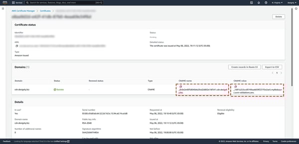 Copy the CNAME Name and CNAME Value Fields